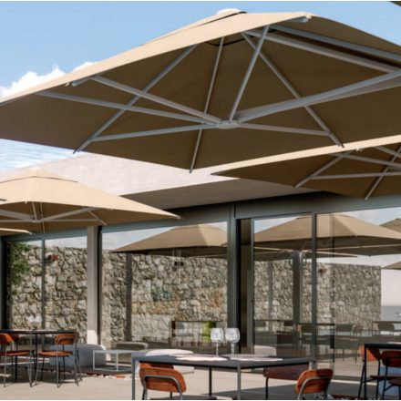 K_quattro Négy gázrugós, behúzható karral ellátott napernyő 600x600 cm fahatású